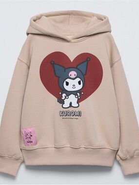 Zara Beige Hoodie with Red Heart and Black Kuromi Graphic